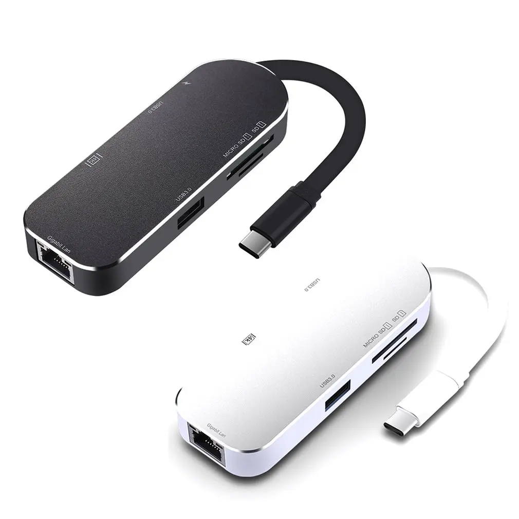 YSTC0206 тип-c к HDMI 4K+ RJ45 Gigabit LAN+ 3.0HUB+ безопасный цифровой/T-Flash кардридер+ зарядный концентратор 7 портов