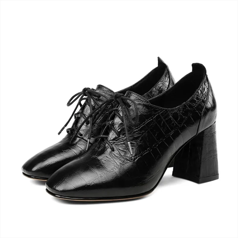 

Women's shoes genuine leather embossed deep mouth high heels comfortable rough with business office four seasons women's shoes