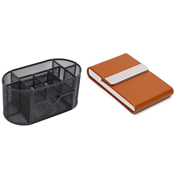 

1Pcs 9 Components Table Metal Desktop Storage Box & 1Pcs Pu Business Card Holder with netic Shut