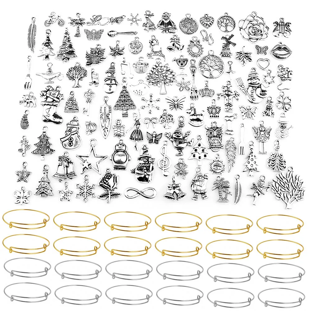 Gold and Silver 20 шт. Регулируемый DIY пустой браслет+ 100 шт. Рождественские Подвески для девочек Женский материал для изготовления украшений розовое золото+ серебро - Цвет: Gold and Silver