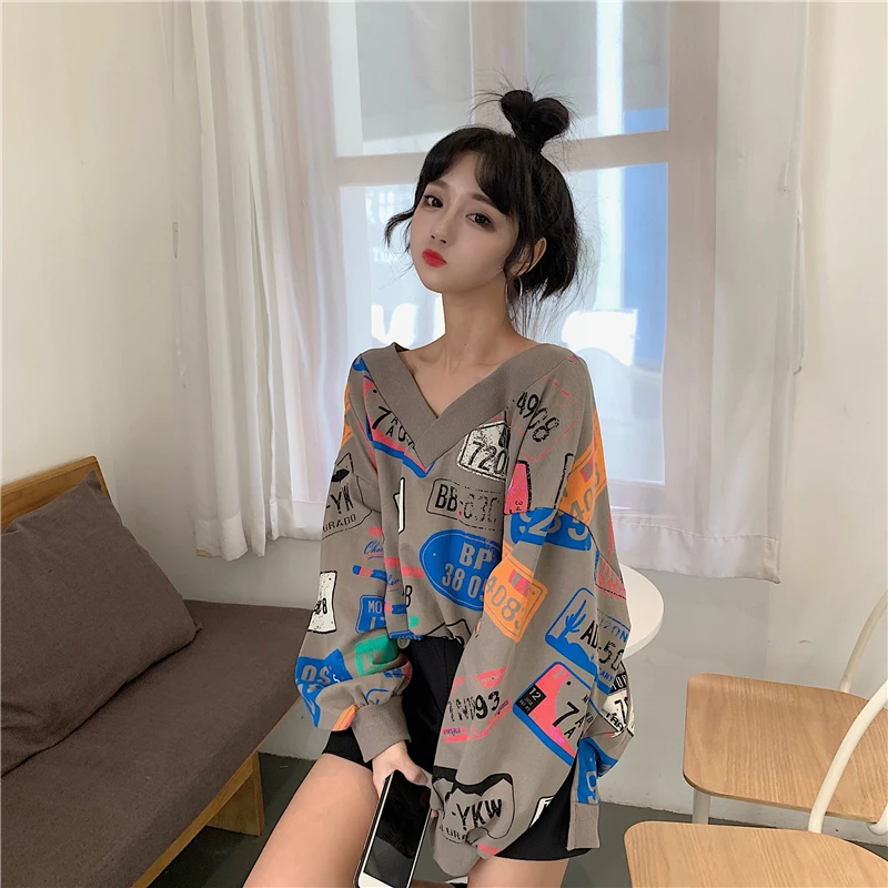 pullovers v-neck loose Harajuku style casual long sleeve print Women's Clothing ulzzang Sweatshirts Spring autumn fashion tops