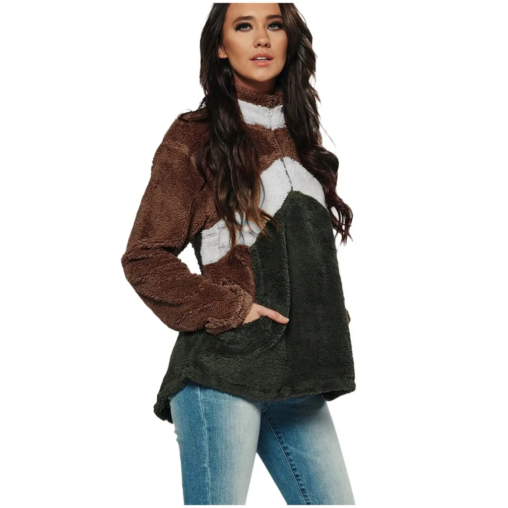 

Women Winter Warm Pullovers Zipper Sweatshirts Warm Jacket Patchwork Outerwear sweatshirt femme blusas mujer de moda 2019#B20