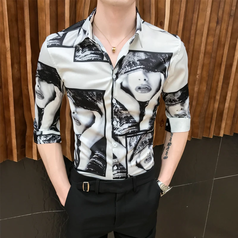 Мужские рубашки с принтом, модные Camisa Masculina, летние рубашки с коротким рукавом, повседневные облегающие рубашки для ночного клуба