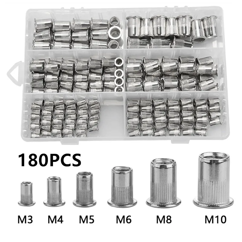 Juego de Tuercas de remache de cabeza plana de acero inoxidable, 180 unidades, M3, M4, M5, M6, M8, M10, remachadora de varios tamaños