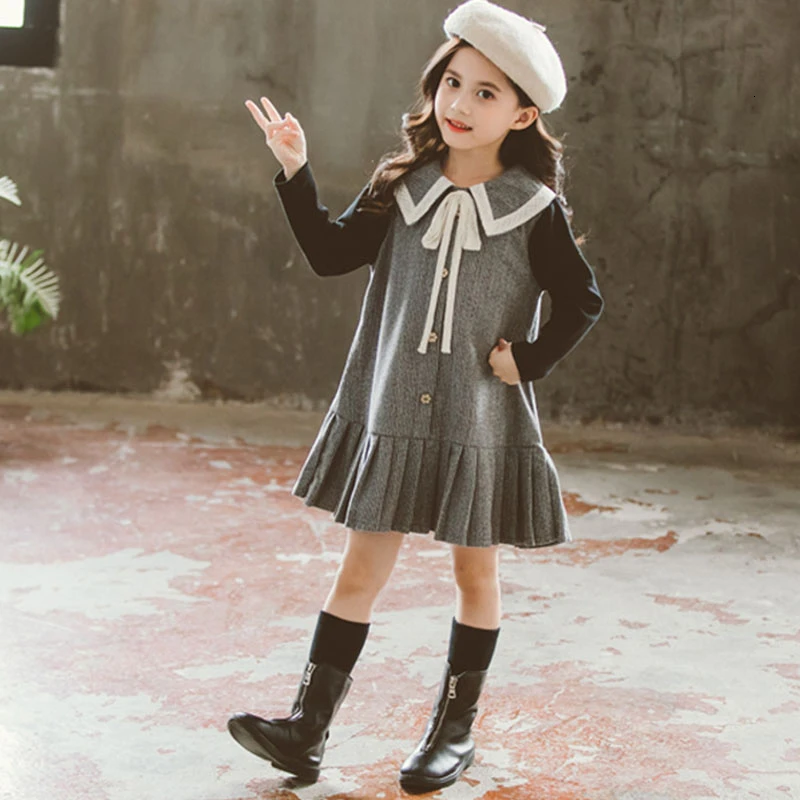 2020 New Spring Autumn Peter Pan Collar Big Girls Dress School Teenage Dresses For Fashion Patchwork Baby | Детская одежда и обувь