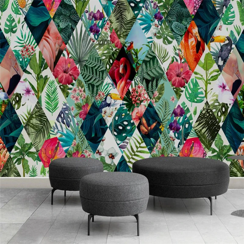 Beibehang-Nordic-tropical-plants-flower-flamingo-TV-sofa-background-wall-paper-custom-large-mural-green-wallpaper (1)