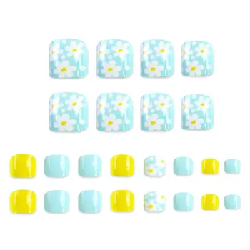 

24pcs/pack Full Cover Quick Building Press On Heart Shaped Blue Flower Pattern French Short Toenails Patch Coffin Fake Nails
