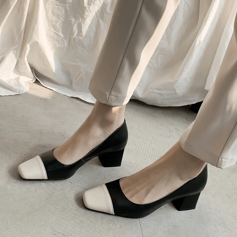 

2019 Spring New Style Genuine Leather Square Head Korean-style Versatile Chunky High Heel Shoes-Style Mixed Colors Low-Cut Large