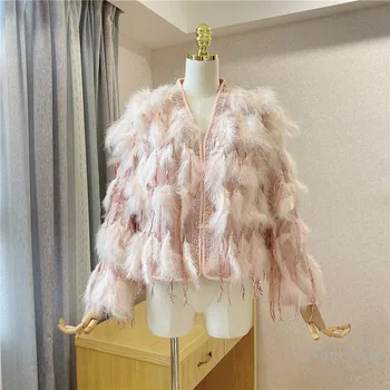 

2020 Winter New Celebrity Lady Light Pink Handmade Beads Tassels Decorative Pink Feather Fur Coat Short Women's Jacket