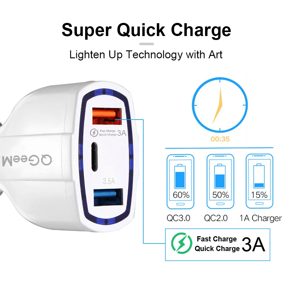 QGEEM QC 3,0 USB C автомобильное зарядное устройство с 3 портами Быстрая зарядка 3,0 быстрое зарядное устройство для автомобильного телефона зарядный адаптер для iPhone Xiaomi mi 9 Red mi