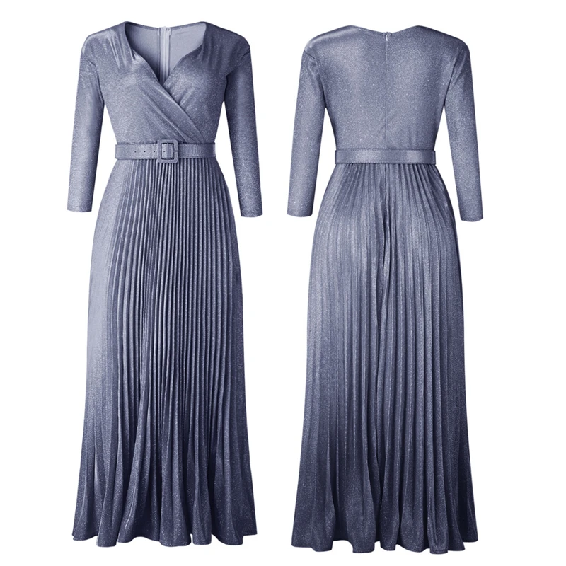 New Elegant Woman Gold Stamping African Dashiki Office Lady Fashion Pleated Evening Dress with Belt Long Sleeve Party Maxi - Цвет: Purple