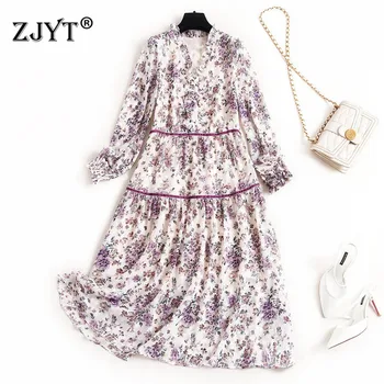 

2020 New Spring Chiffon Dress Women Fashion Designers V Neck Long Sleeve Floral Print Casual Dress Female Vestidos