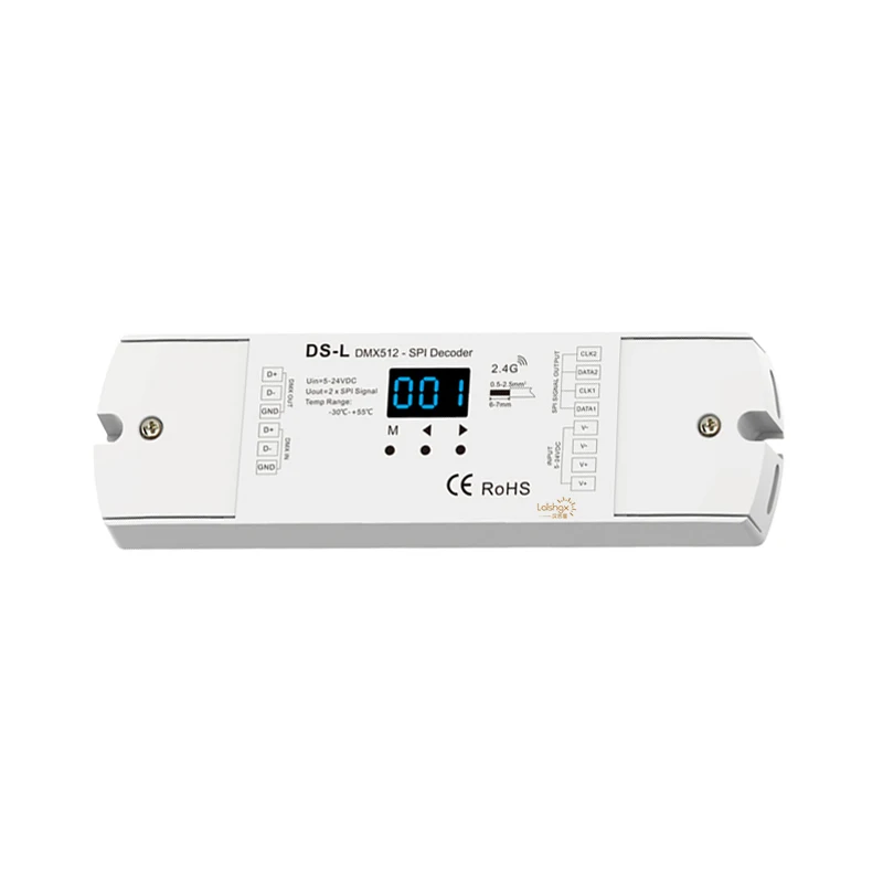 

DS-L DMX to SPI decoder DMX512-SPI decoder and RF SPI controller 3 digital display 32 dynamic modes Optional RF RGB/RGBW remote