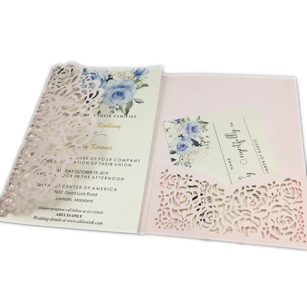 light pink matte 50X три сложения полый лазерный разрез карман свадебные пригласительные карты темно-синие 3D свадебные приглашения с конвертом rsvp - Цвет: light pink matte