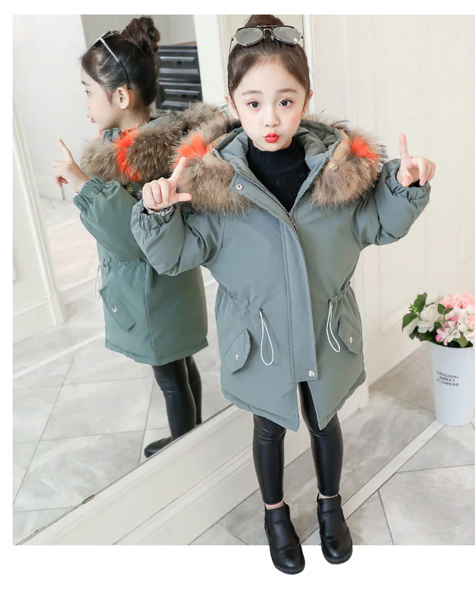 Coat For Girl Hooded Fur Collar Parkas Girl Slim Drawstring Waist Outerwear Kids Winter Casual Kids Warm Clothing 6 8 10 12 14
