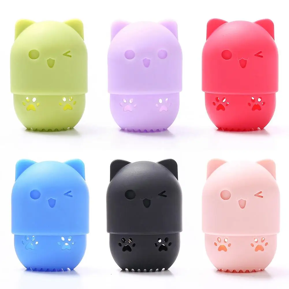 1Pcs Cat Shape Silicone Makeup Sponge Cleaner Cute Sponge Holder Case Portable Cosmetic Puff Capsule Carrying Case Make Up Tools