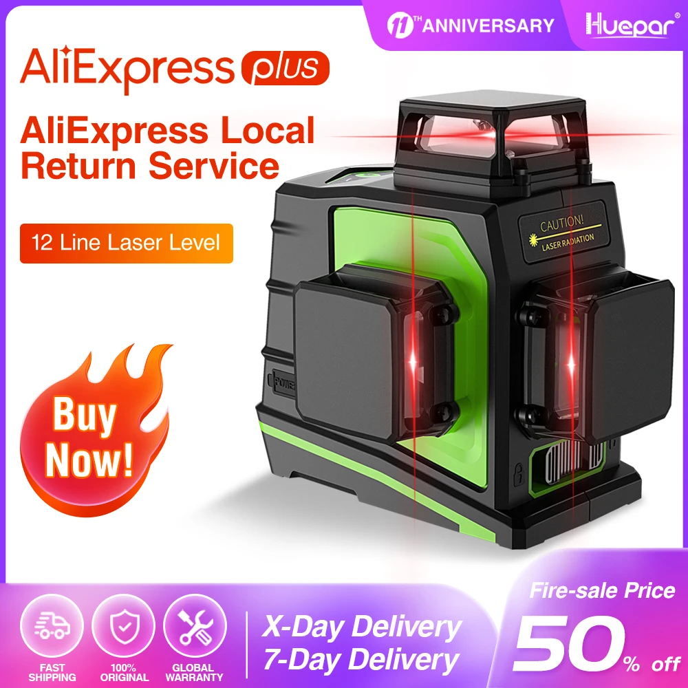 Huepar 12 Lines 3D Cross Line Laser Level Self-Leveling 360 Degree Vertical & Horizontal Cross Red Laser Beam Line USB Charging