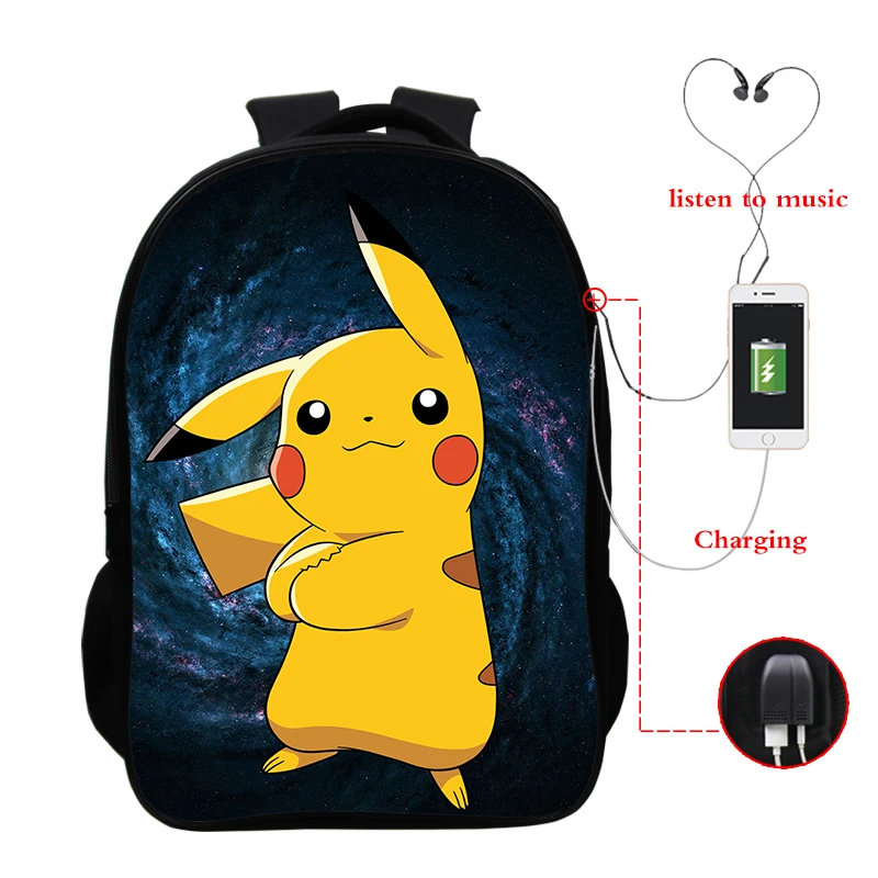 Galaxy Pikachu, школьный рюкзак, сумка, 3d принт, 16 дюймов, зарядка через Usb, рюкзак для колледжа, студентов, рюкзаки, Покемон, школьный рюкзак, Sac A Dos