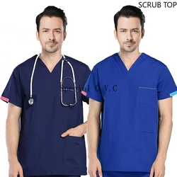 Medical Uniforms Men Scrub Top Color Blocking V-neck Doctor Workwear Short Sleeve Nursing Uniforms Cotton Veterinary(Just A Top)