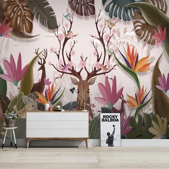 

Custom Photo Wallpaper 3D Hand-painted Nordic Tropical Plant Elk Banana Leaf Murals Living Room Bedroom PVC Waterproof Stickers