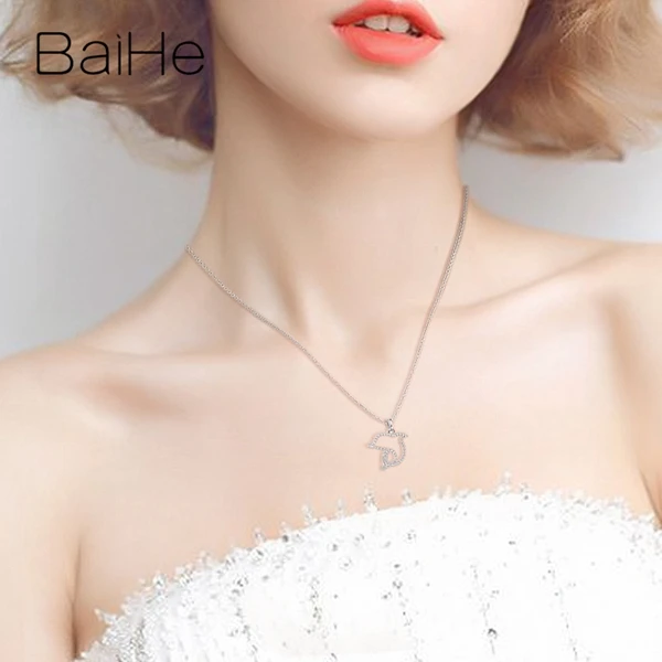 BAIHE Solid 18K белое золото Сертифицированный 0.68ct H/SI круглый натуральные бриллианты женские ювелирные изделия в виде дельфинов ожерелья для помолвки