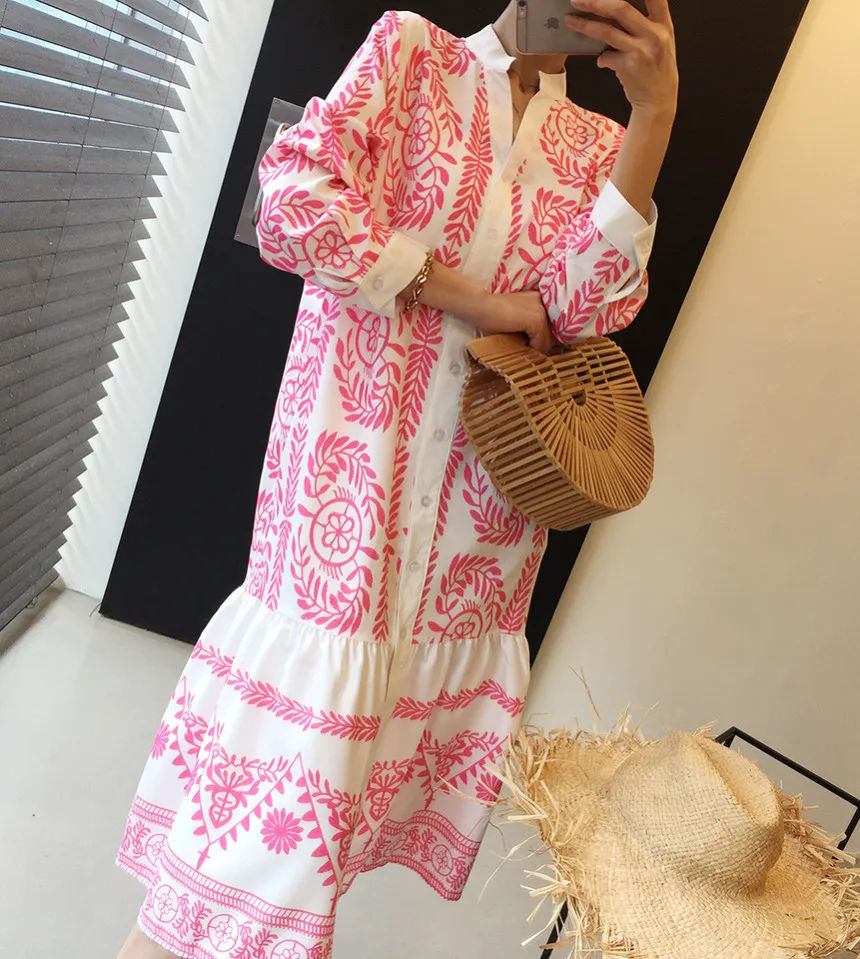 

european women shirt dresses loose Print leaf dress lady women big shirt dress