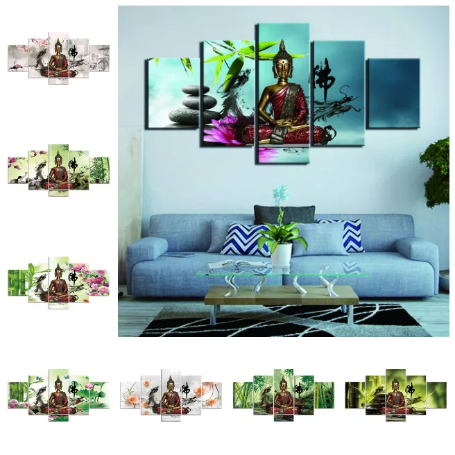 

Zen Buddha Statue Canvas Paintings Wall Art 5 Pieces Buddhist Artworks Modern HD Printed Landscape Background Pictures