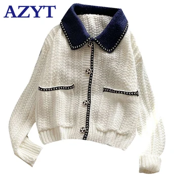 

AZYT Fall 2020 New Women's Sweater Cardigan Jacket Fashion Turn Down Collar Patchwork Knitted Female Cardigan Chic Sweater Coat