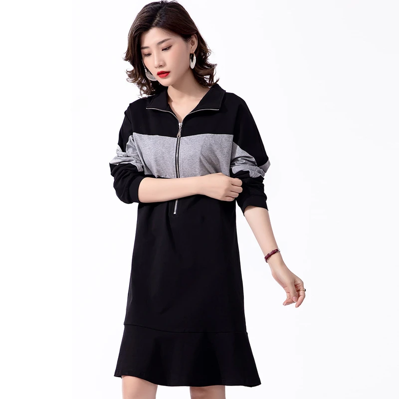 Black Long Sleeve Autumn Dresses For Women Plus Size XL 3XL 4XL 5XL 6XL 7XL A Line Front Zipper Casual Loose Korean Dress Spring