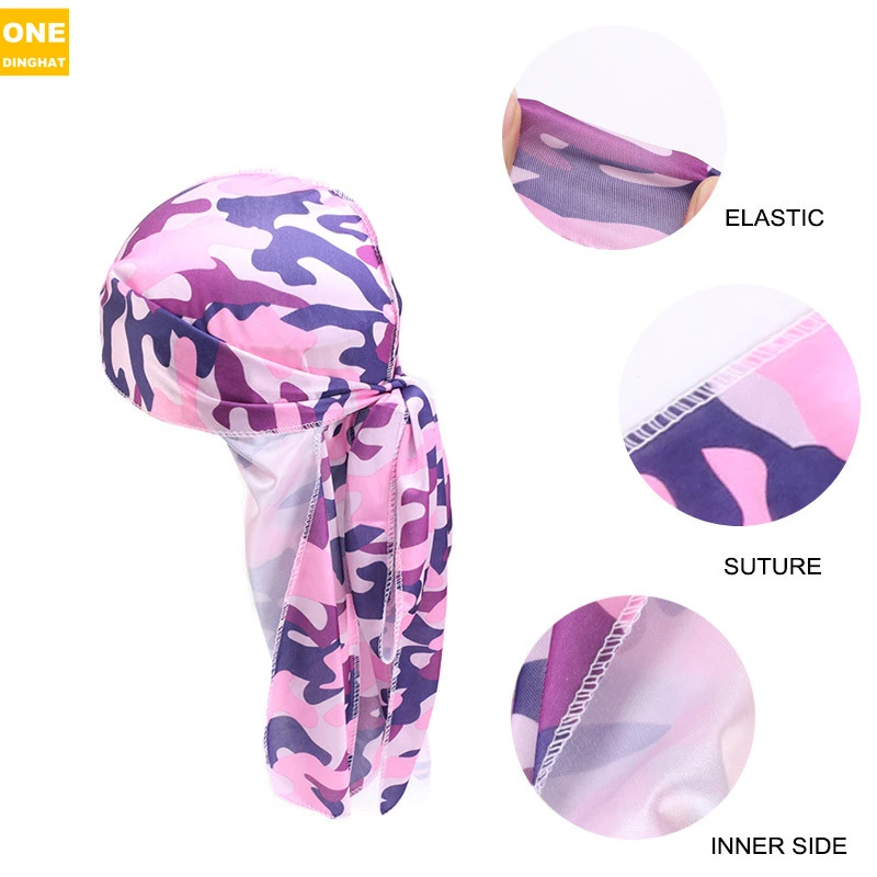 2PCS Camouflage Silky Durags for Men Women Long Tail Durag 360 Waves Headwraps Cap Pirate Bandanas Turban