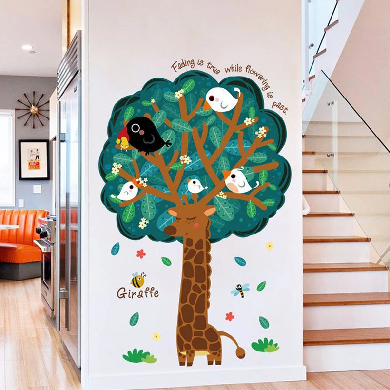 Creative Giraffe Tree Wall Stickers Cute Birds Kids Room Decoration Vinyl Removable Cartoon Mural Decals Self Adhesive Posters | Дом и сад