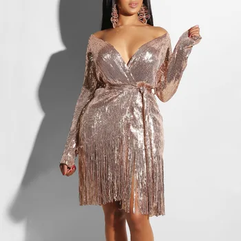 

BGW Sparkling Sequin Sexy Deep V Neck Long Sleeve Cocktail Dress With Sashes Tassels Woman Night Dress Robe Vestido Cocktail
