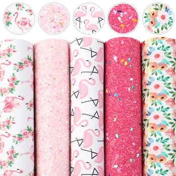 

david angie 20*34cm Flower Flamingo Printed Glitter Faux Leather Sheet Vinyl Fabric 5pieces/set,DIY handmade materials,1Yc10246