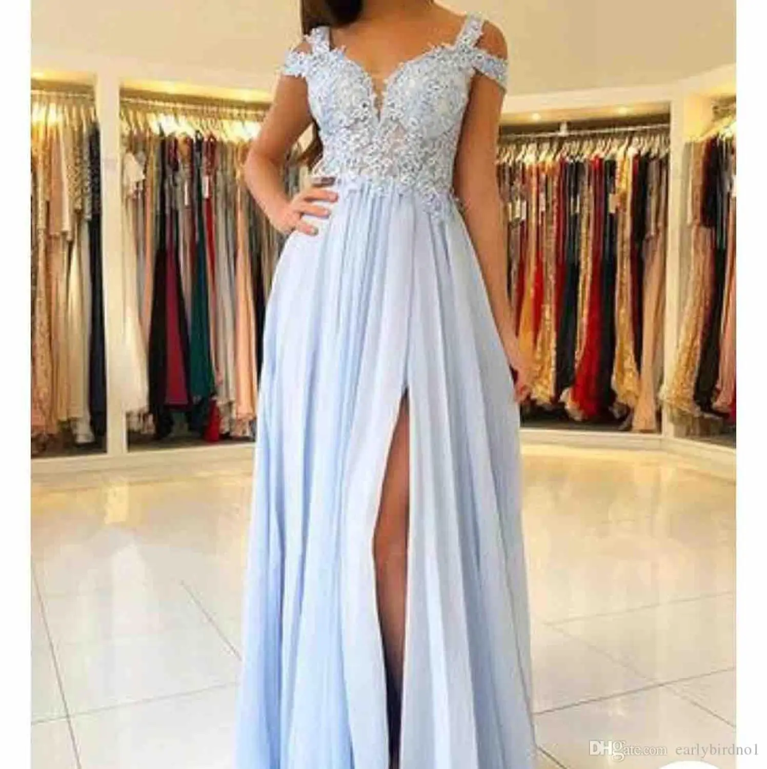 

The latest design 2020 new cheap blue lace applique A word chiffon sexy split evening dress dress