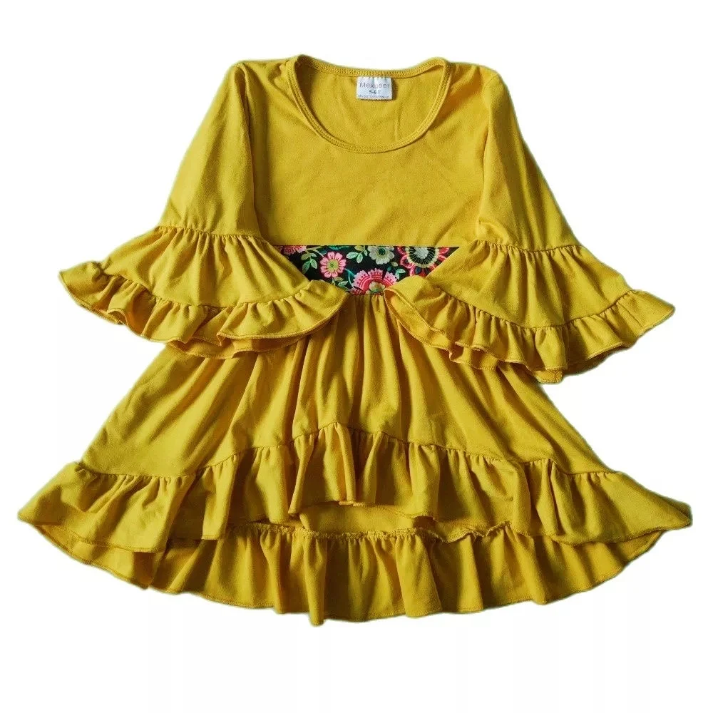 Baby Mustard Yellow Girls High-Low Dresses With Flare Sleeve&ampWaist Band Knitted Clothing | Детская одежда и обувь
