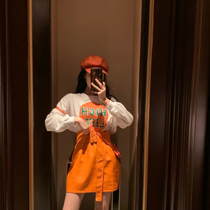 Heydress осенние однотонные женские оранжевые кожаные юбки Женская милая одежда, с поясом трапециевидные юбки с высокой талией женские зеленые мини юбки