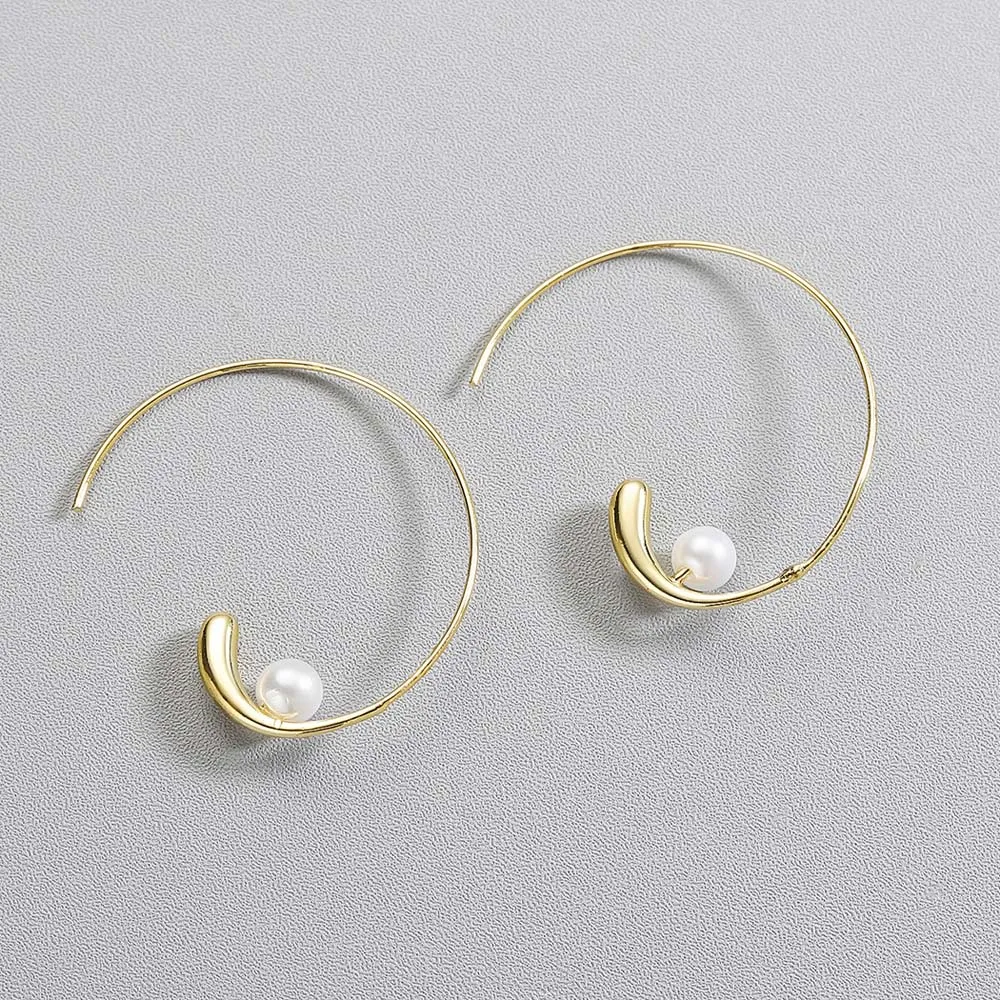 

1Pair Big Hoop Earrings For Women Girl New Fashion Design Gold Metal Curved Circle Spiral Geometric Round Pearl Jewelry