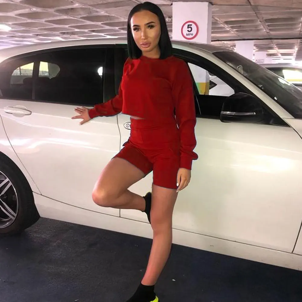 2Pcs Summer Women Running Set Tracksuit Sweatshirts Long Sleeve Top High Waist Short Pant Spring Autumn Jogging Sport Suit