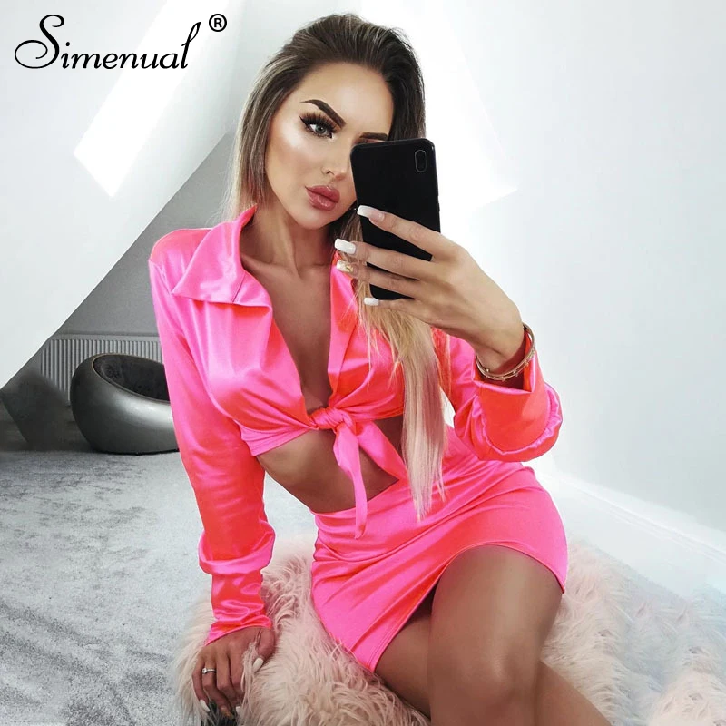 Sexy Satin Bandage Crop Top And Skirt Silk 2 Piece Outfits OG0689