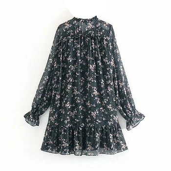 

New Women Ruffle Bow Tie Mini Floral Print Dress Vintage Long Sleeve Vestido Casual Loose Pleated Ladies Dress Ruffles Party