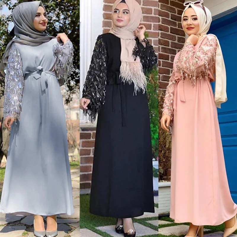

Sequin Tassel Elegant Abaya Dubai Muslim Hijab Dress Abayas For Women Middle East Kaftan Islamic Clothing Turkish Dress Caftan