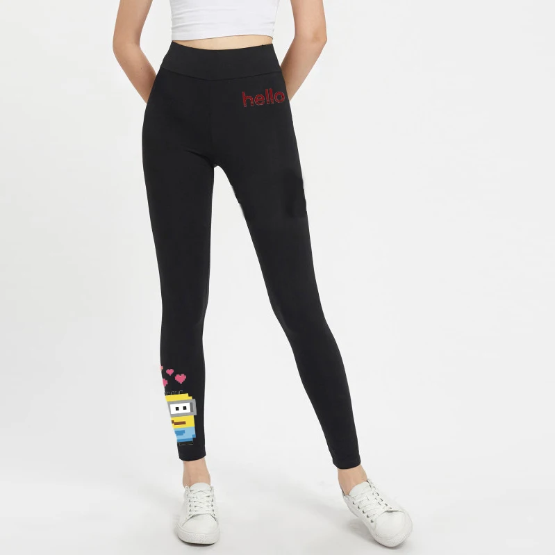 

Cartoon Print Black Contrast Solid Leggings Casual Plain Capris Highstreet Leggings Women 2019 Summer Streetwear Pants Trousers