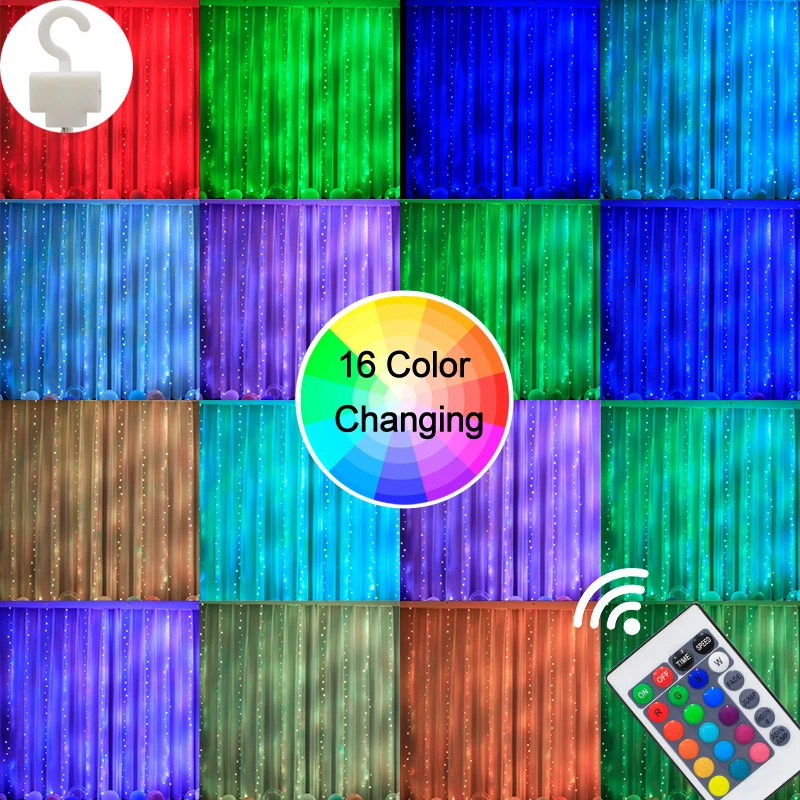 

16 Colors Changing Garland Curtain Lights Garland LED Backdrop Wall Window Hanging Fairy String Lights New Year Decorations 2022