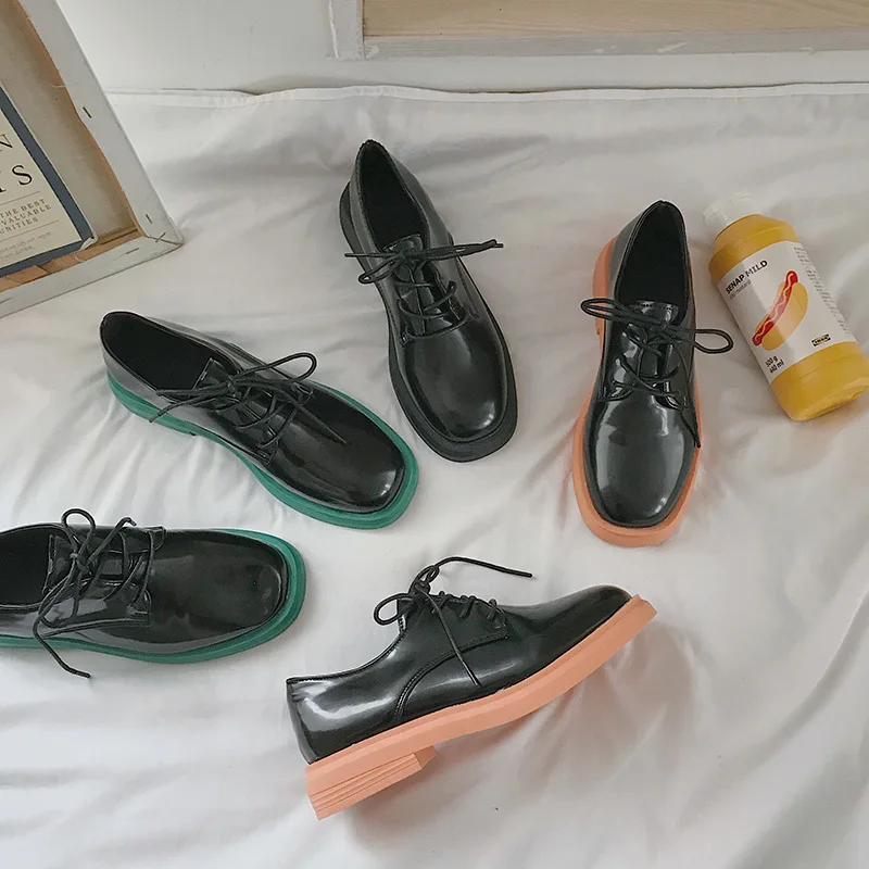 

2019 Fashion Women's Square Toe Oxford Female Shoe British Style Black Flats Shallow Mouth Ladies' Footwear All-Match Casual