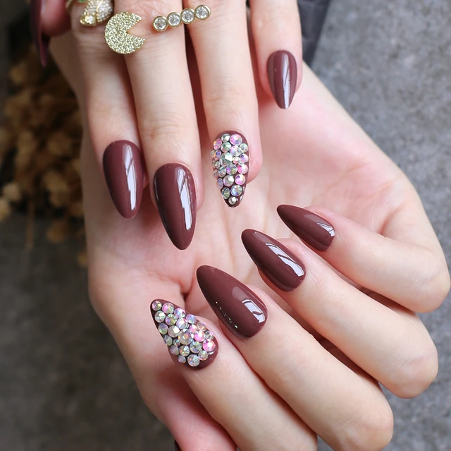 Luxury Confin Burgundy False Nails 28pcs Press On Nails Red Ombre Glitter  Winter Fake Nails Bling Rhinestone - False Nails - AliExpress