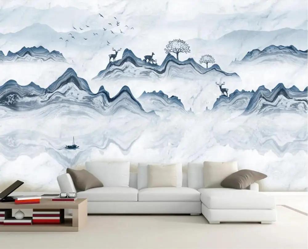

XUE SU Wall covering custom wallpaper mural new Chinese style abstract golden landscape marble elk TV background wall