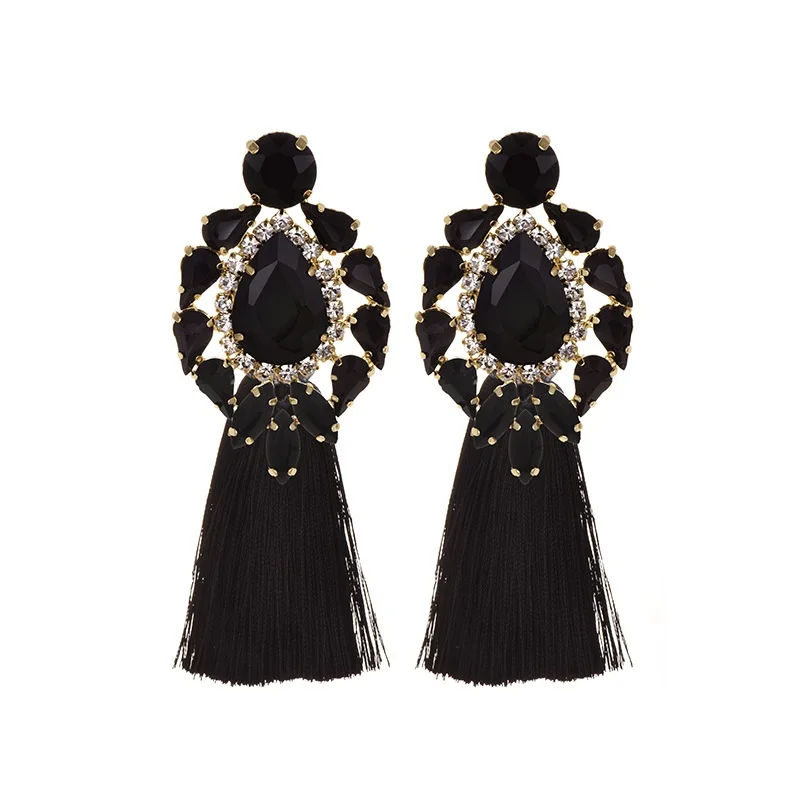 Handmade blue Big Crystal Flower Earring Vintage Ethnic Bohemian Rhinestone Long Tassel Drop Dangle Earrings for Women Jewelry
