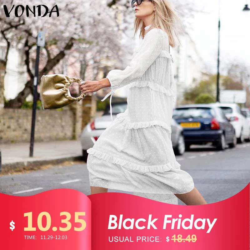 

VONDA Fashion Autumn Lace Dress 2019 Casual Long Sleeve O Neck Solid Color Maxi Dresses Femme Party Vestidos Plus Size Robe 5XL