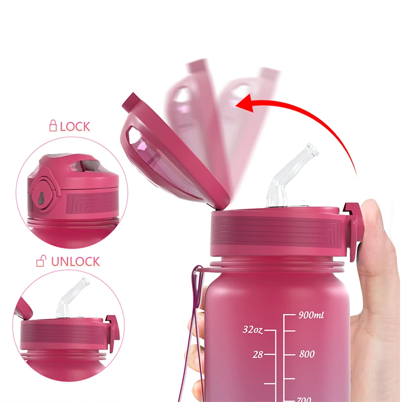 32 Oz Motivational Water Bottle With Time Marker & Straw - BPA