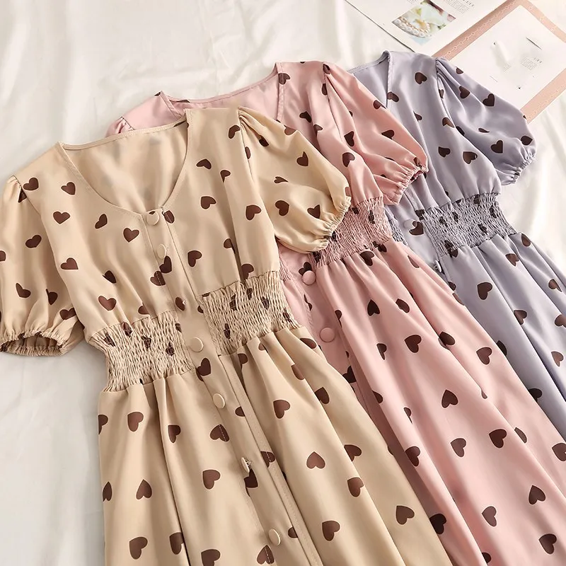 Женское платье с принтом в виде сердца винтажное длинное треугольным вырезом и